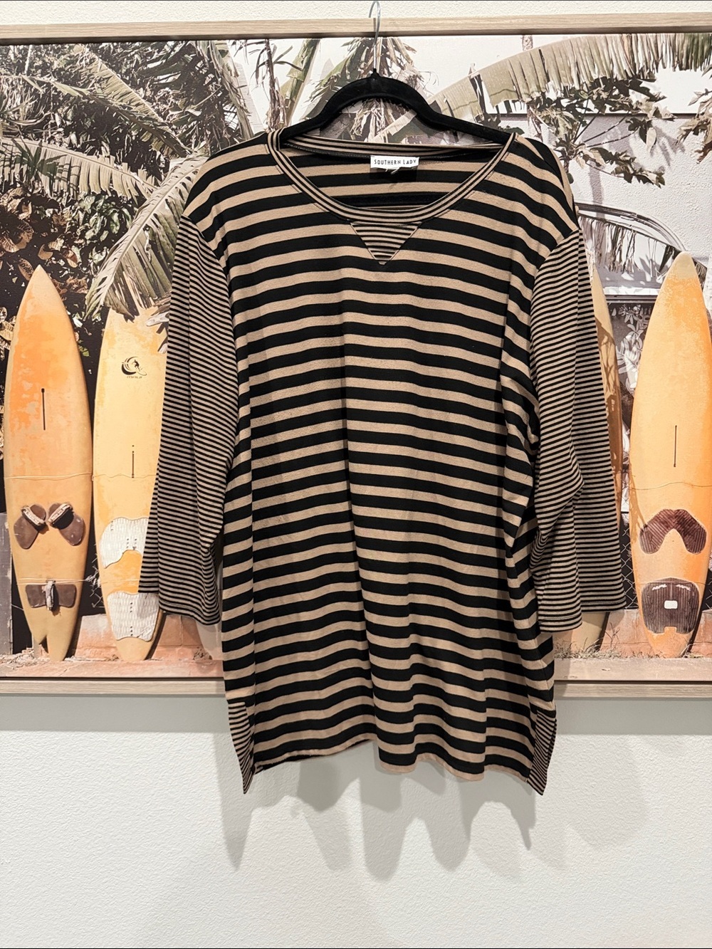 Southern lady striped black and tan shirt